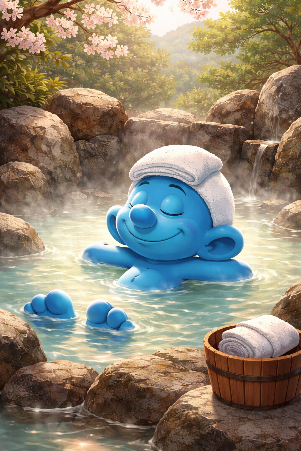 Smurf relaxing in an onsen